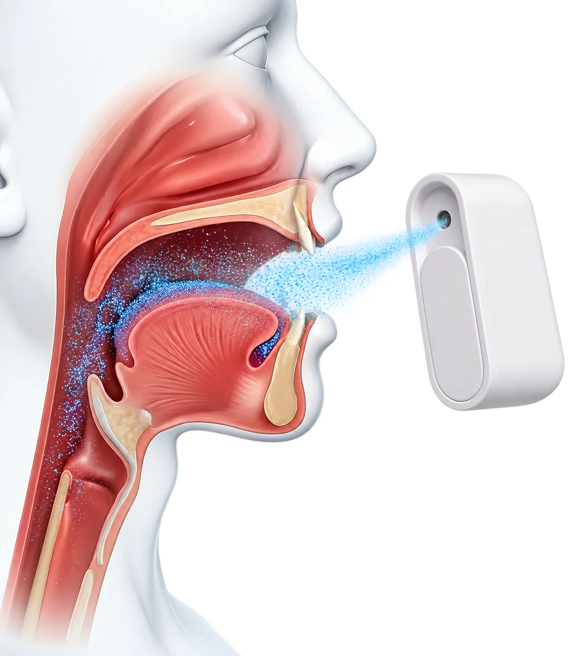 Cross-section showing the mist reaching the back of the tongue, throat and tonsils where mints do not