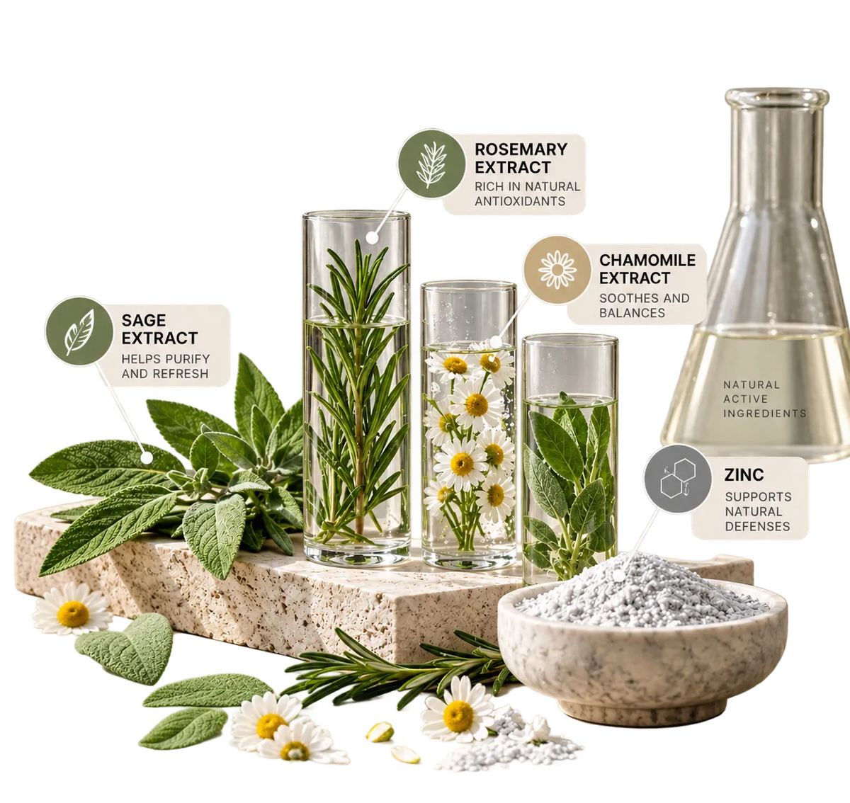 Formula ingredients: sage extract, rosemary extract, chamomile extract and zinc