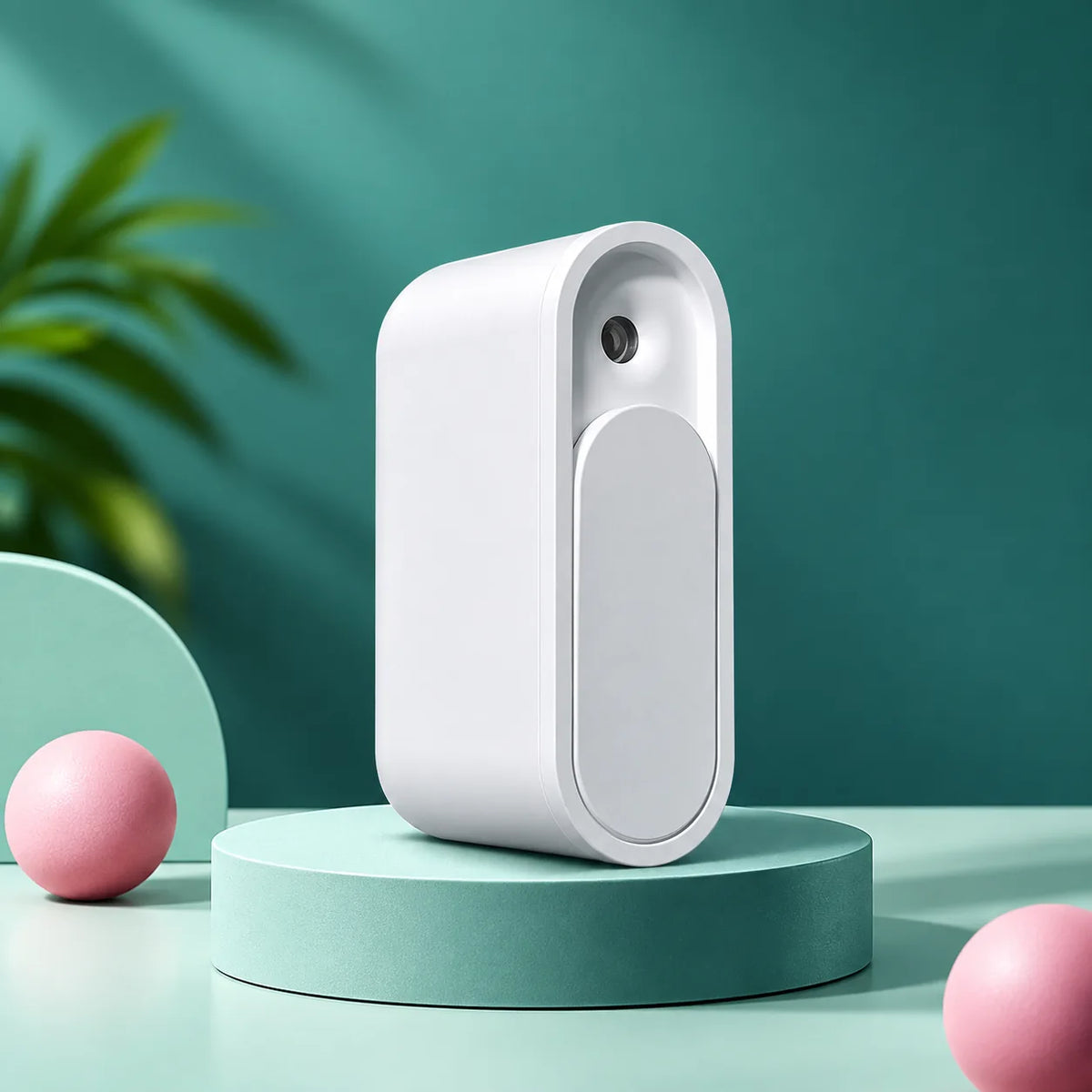 The white spray device on a teal podium